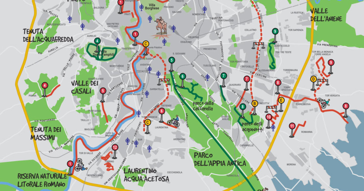 Karte und plan die radwege und stationen von Rom